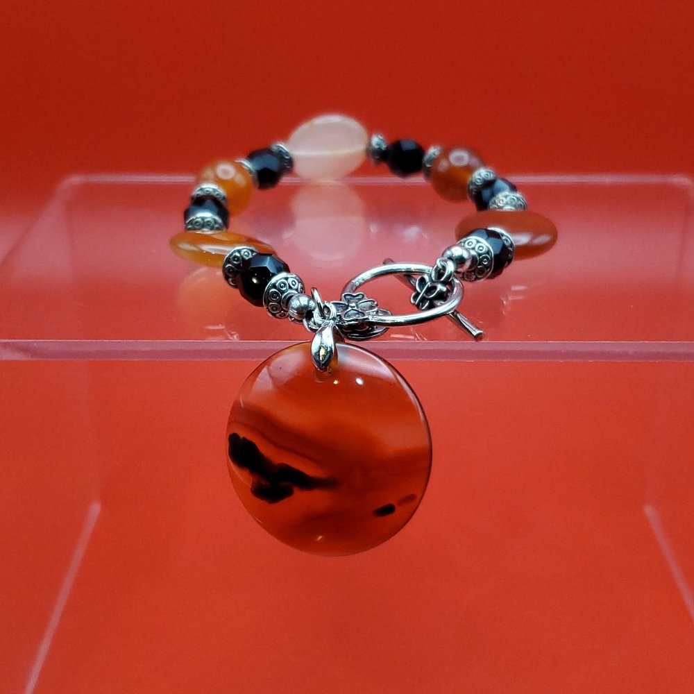 7 Inch 925 Sterling Silver Opaque Orange Red Stones Bracelet